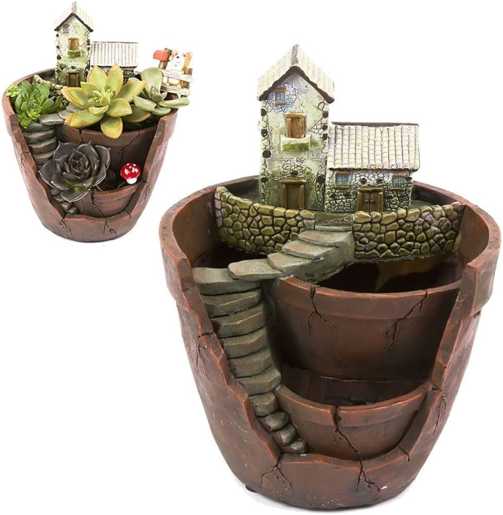 xueliee creative plants pot flower plants succulent diy container decorated with mini hanging fairy garden and sweet house for holiday decoration and